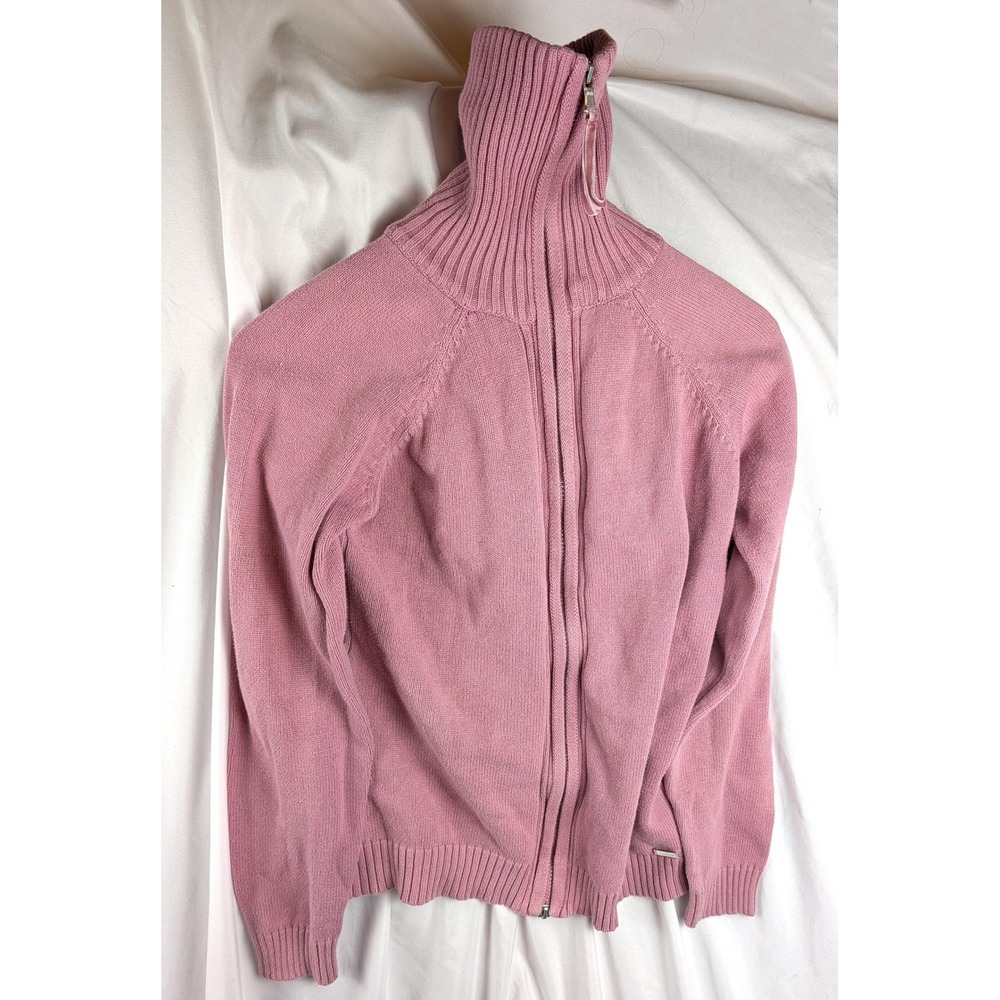 Yessica Pink Full Zip Cardigan Sweater Ribbed High Neck Cotton Blend Large